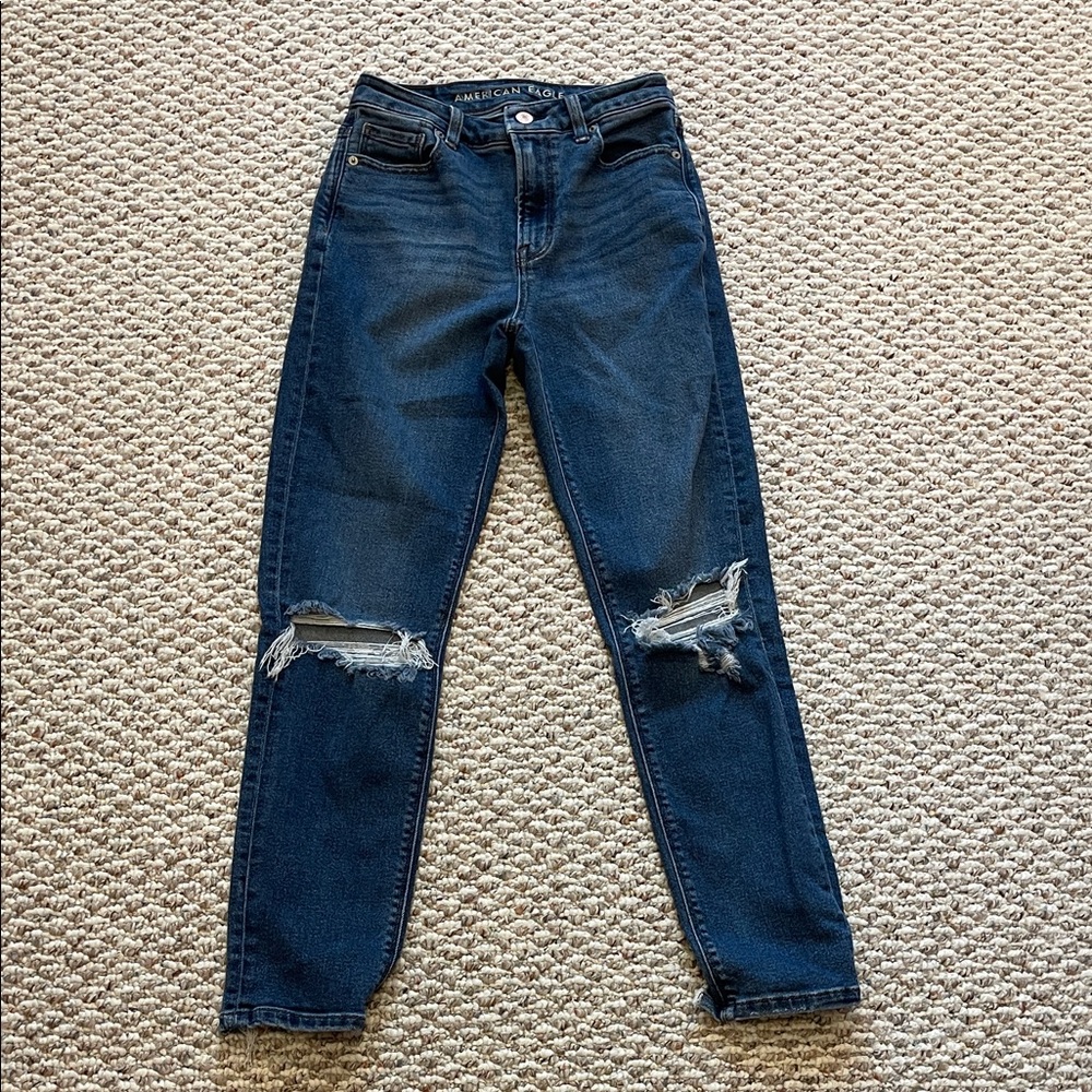 American Eagle Outfitters Women's Dark Blue Distressed Mom Jeans
